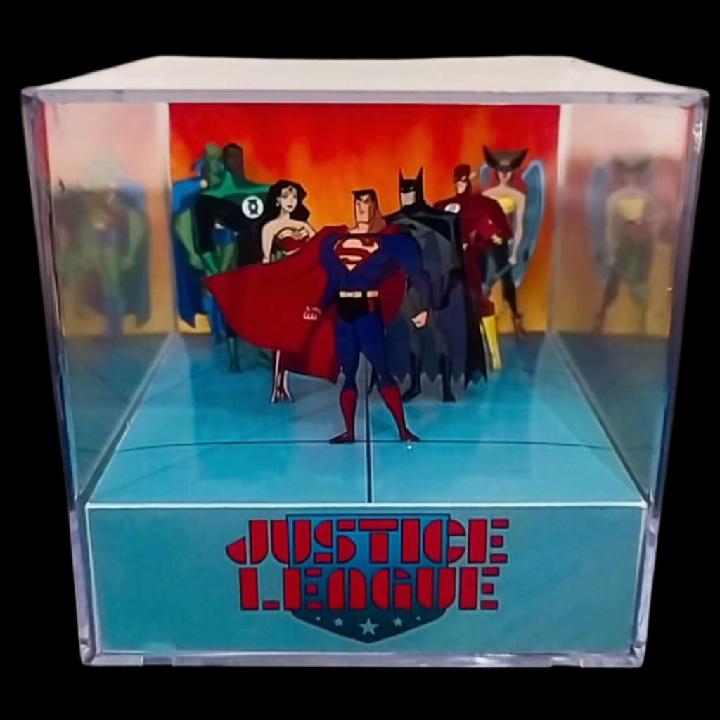 Liga da Justiça Cubo Diorama Artesanal Superman Batman Flash Mulher Maravilha Caçador de Marte Lanterna Verde
