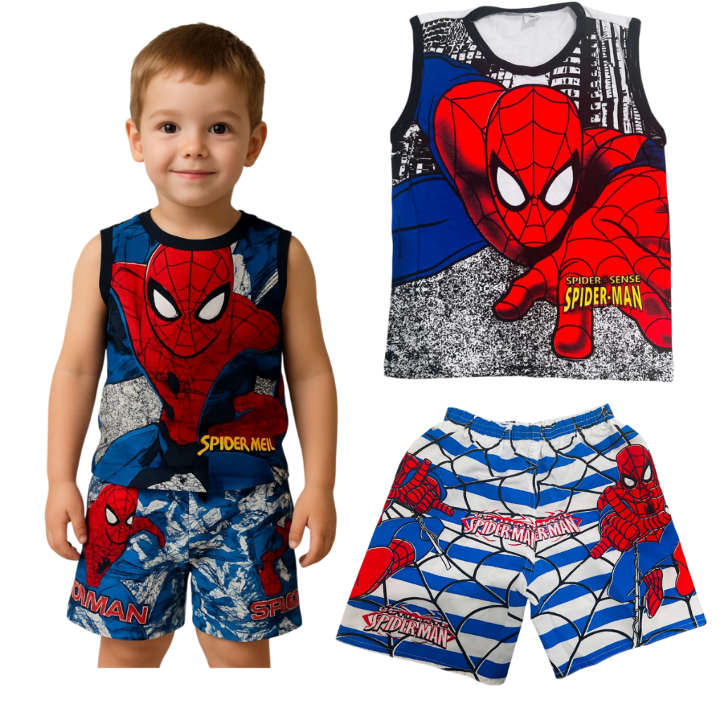 Conjunto Infantil homem Aranha Spider Criança Roupa Juvenil Menino Masculino verão camiseta regata algodão + short