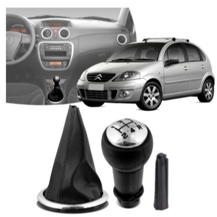 Manopla De Cambio + Coifa Com Aro Cromado Citroen C3 2004 a 2012
