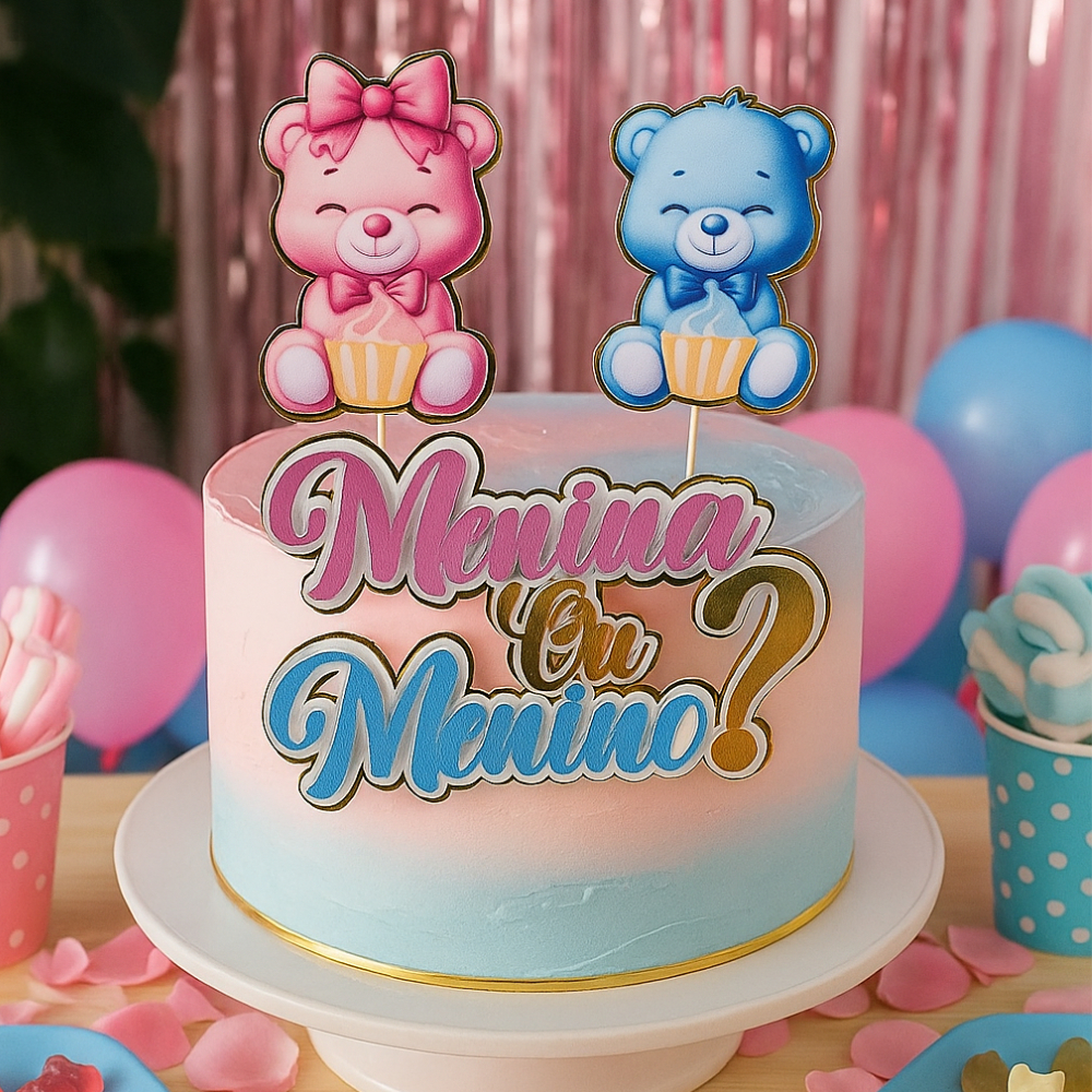 Topo de Bolo Chá Revelação 3D -  Topper Chá Revelação Ursinho - Papelaria Personalizada - Topo de Bolo Personalizado