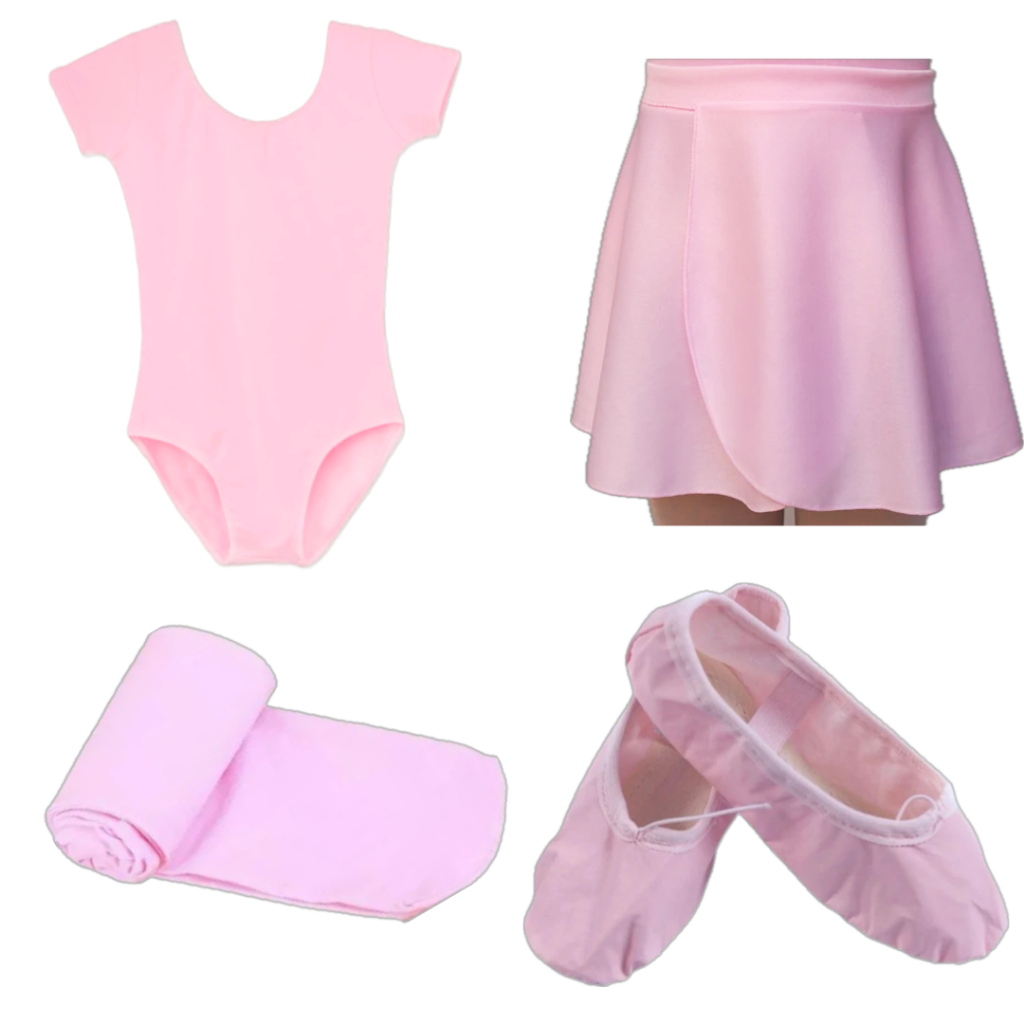 Kit Ballet Infantil Com 4 Itens: Collant Meia Manga + Saia Transpassada + Meia + Sapatilha em Oferta na Shopee
