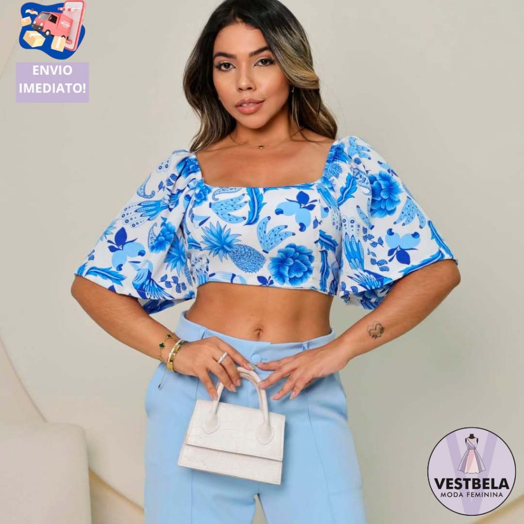 Cropped Feminino Estampado Azul Manga Bufante Floral Tendência Verão Moda Vestido Floral Laranja