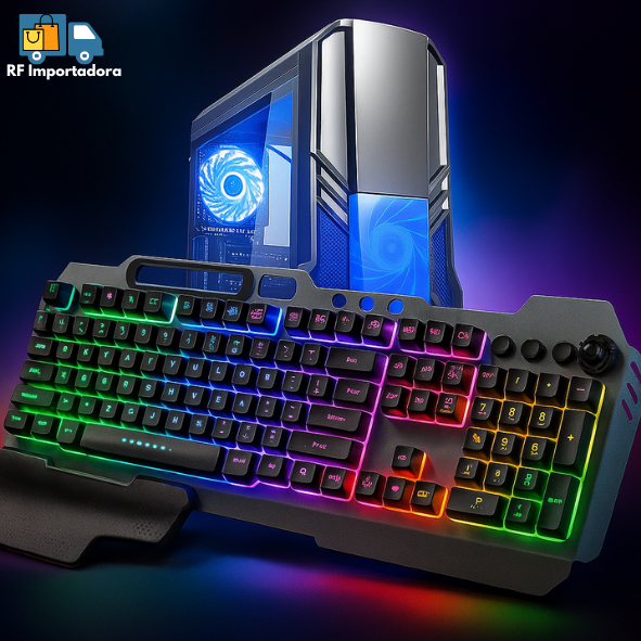 Teclado Gamer Ergonômico Semi-Mecânico Com Fio Retroiluminado Com LED RGB USB Com Apoio De Pulso Para PC LEY-2082