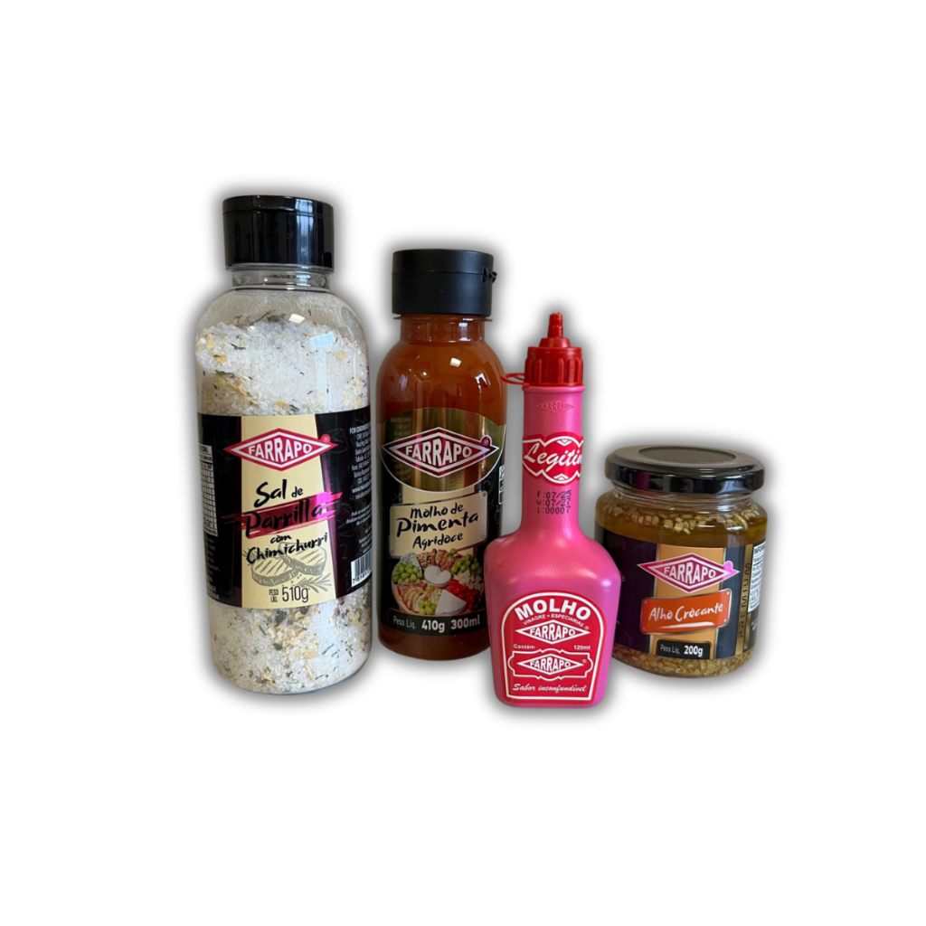 Kit de Temperos p/ Churrasco da Farrapo Premium c/ Sal de Parrilha + Molho de Farrapo + Pimenta Agridoce + Alho Crocante