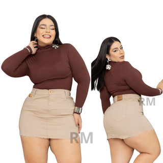 saia jeans feminina plus size curta com lycra cintura alta Moda Plus Size