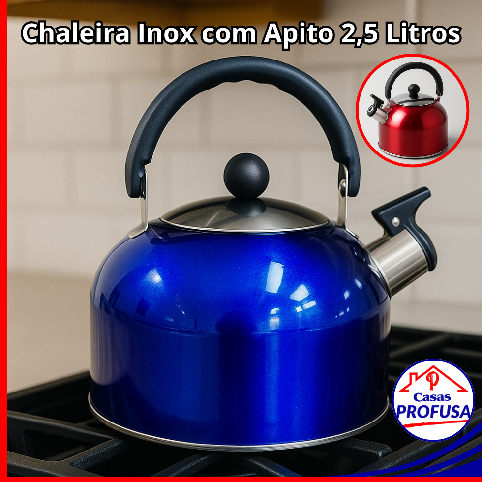 Chaleira Inox Apito Sonoro 2,5 Litros com Tampa Cabo Alça Anatômica Café Chá Bebidas Cozinha Fogão