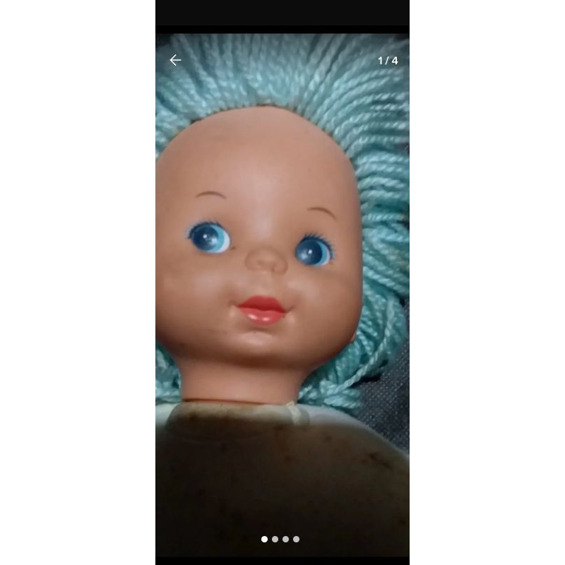 boneca antiga corpo de pano cabelo azul de lã cabeça de vinil anos 70 80