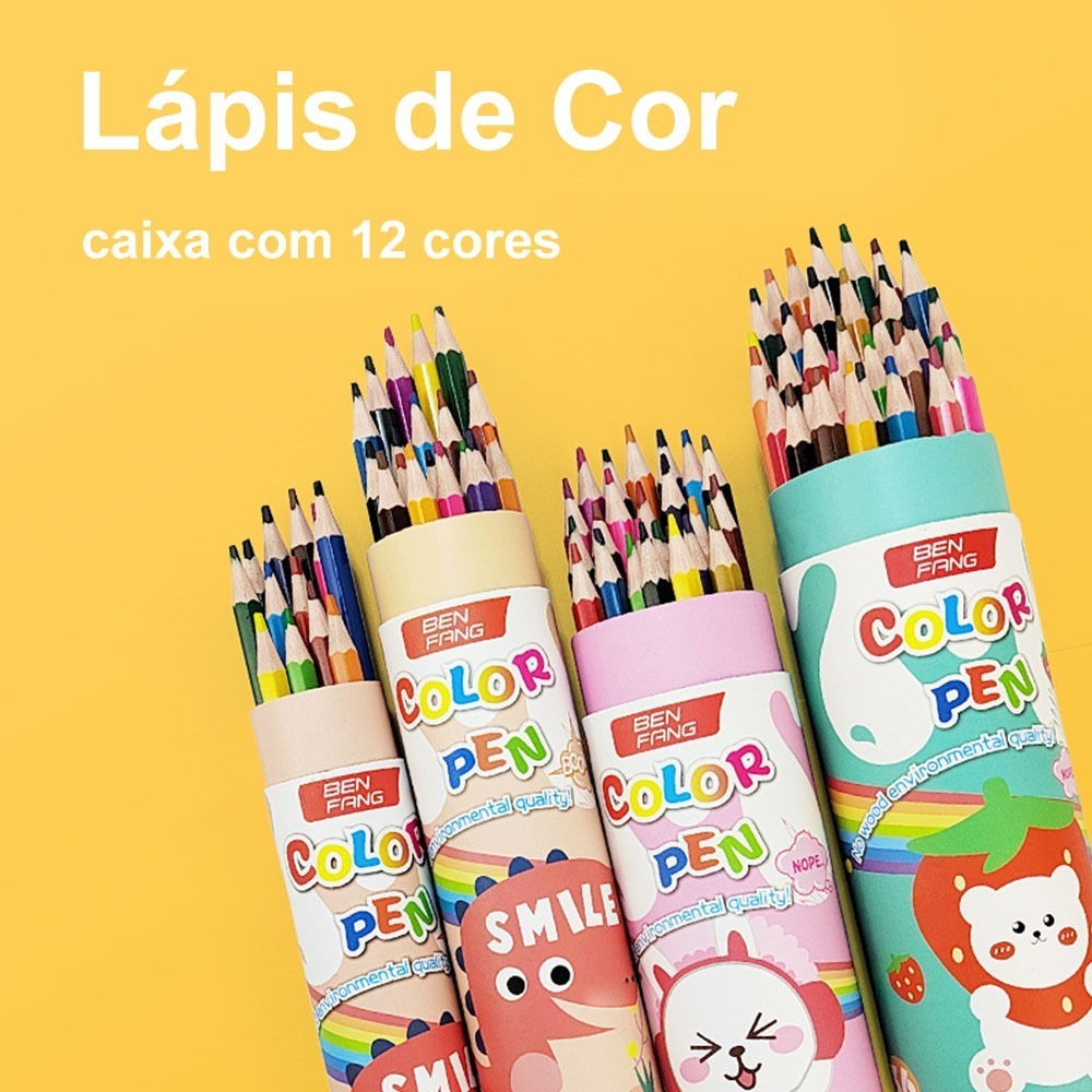 Kit Completo 12 Lápis de Cor + Apontador em Balde / Presente Escolar Prático
