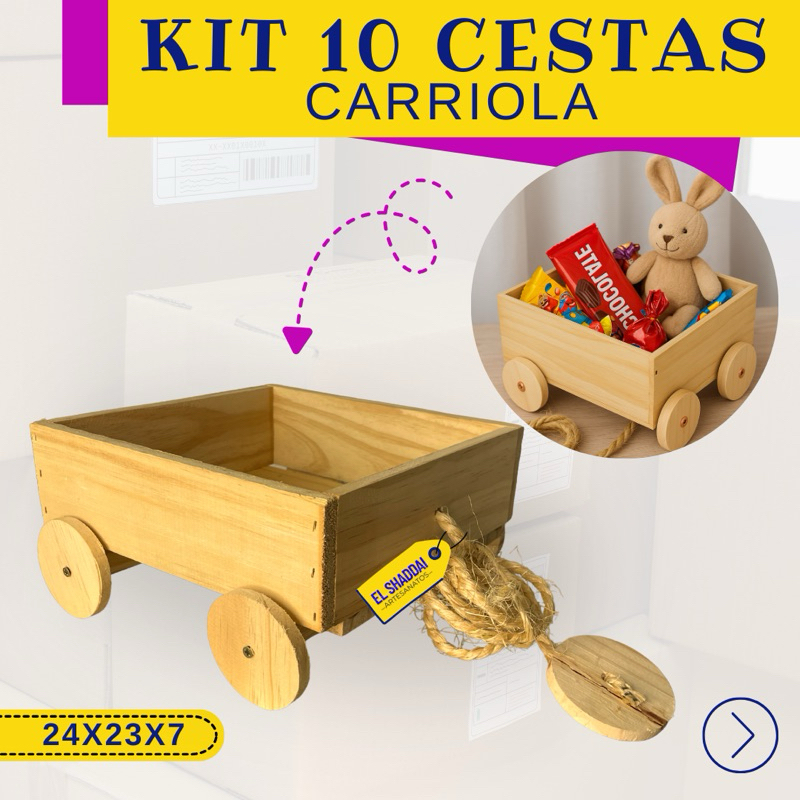 Kit 10 Cestas Carriola de Presentes para Crianças – Embalagem | Páscoa | Dia das Crianças