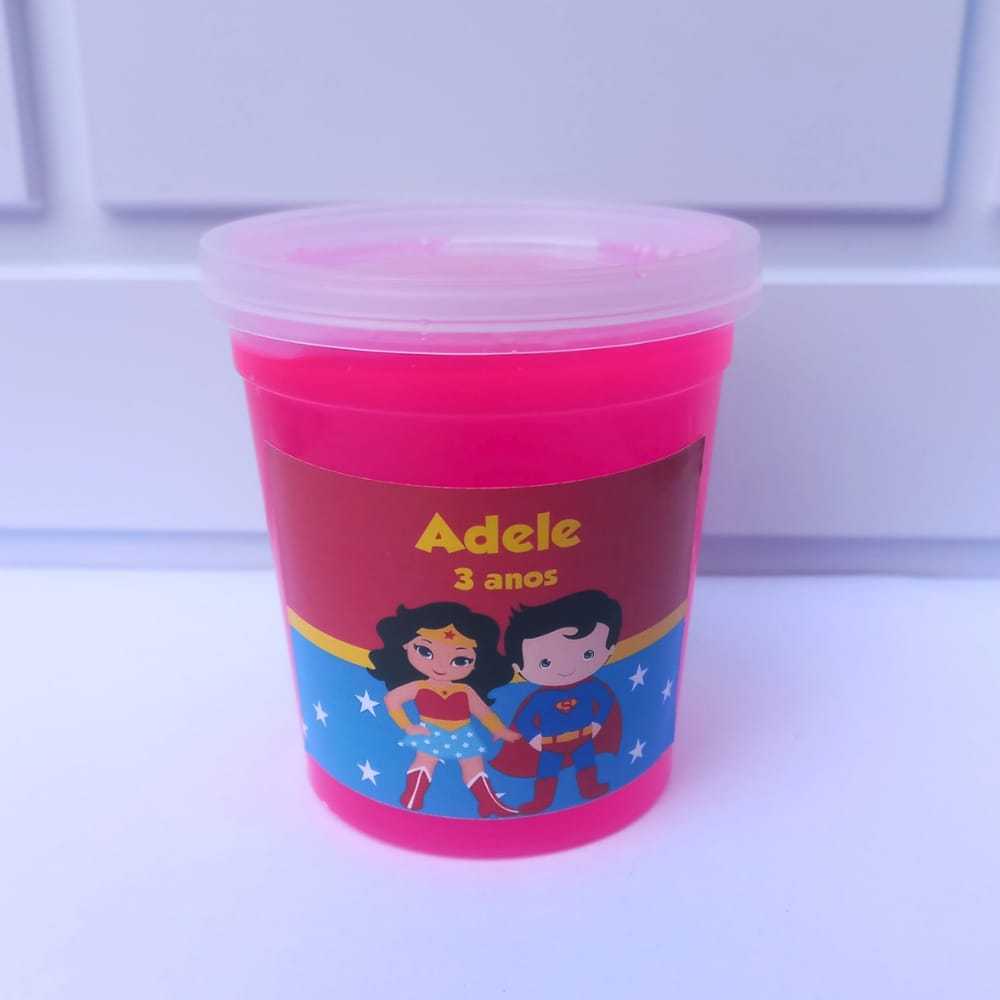 10 Slime Personalizada para Lembrancinha de Aniversário Infantil Mulher Maravilha e Superman (JÁ VAI EMBALADO)