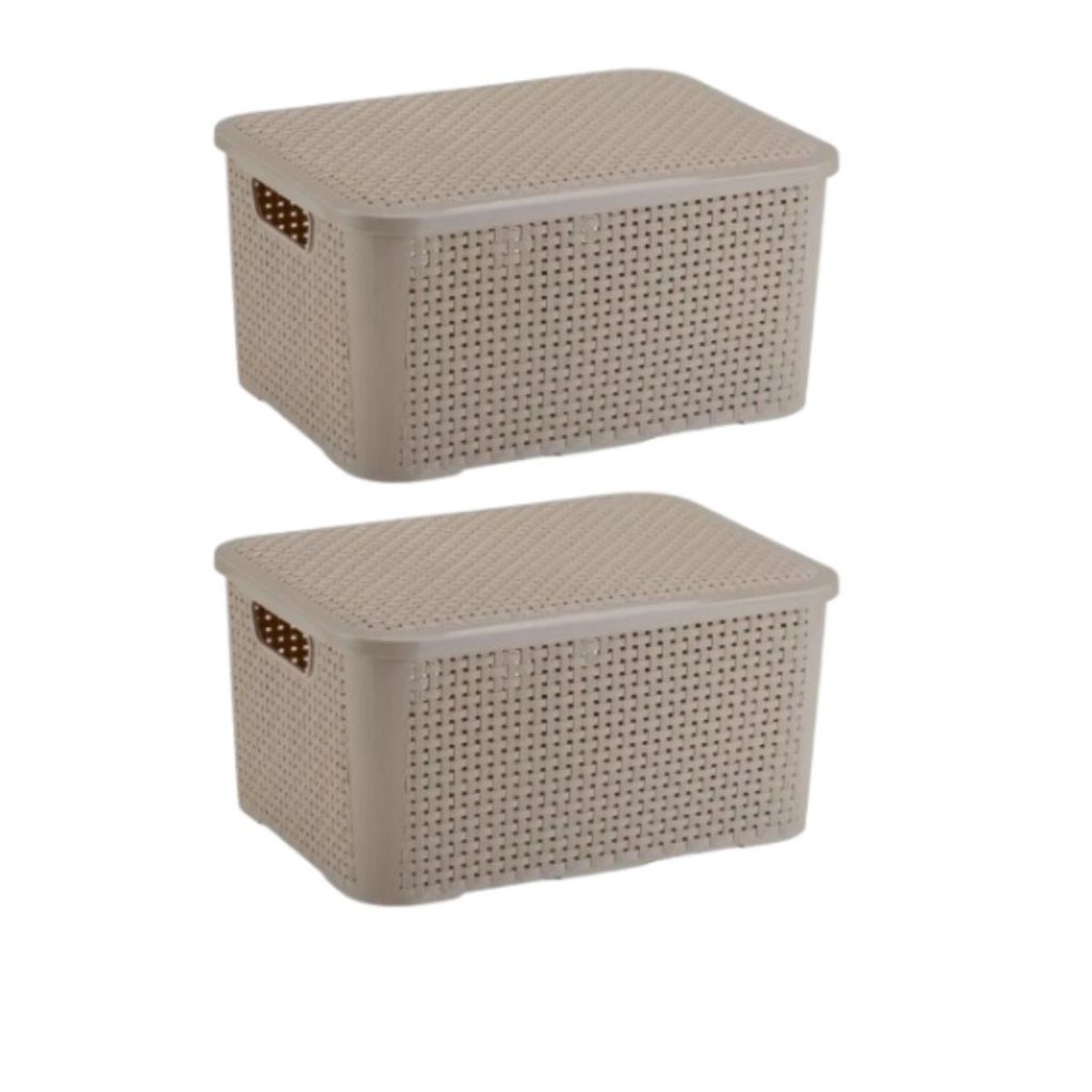 Kit 2 Cesto Empilhavel com Tampa 18LT Multiuso Modelo Rattan Organizador Casa Sala
