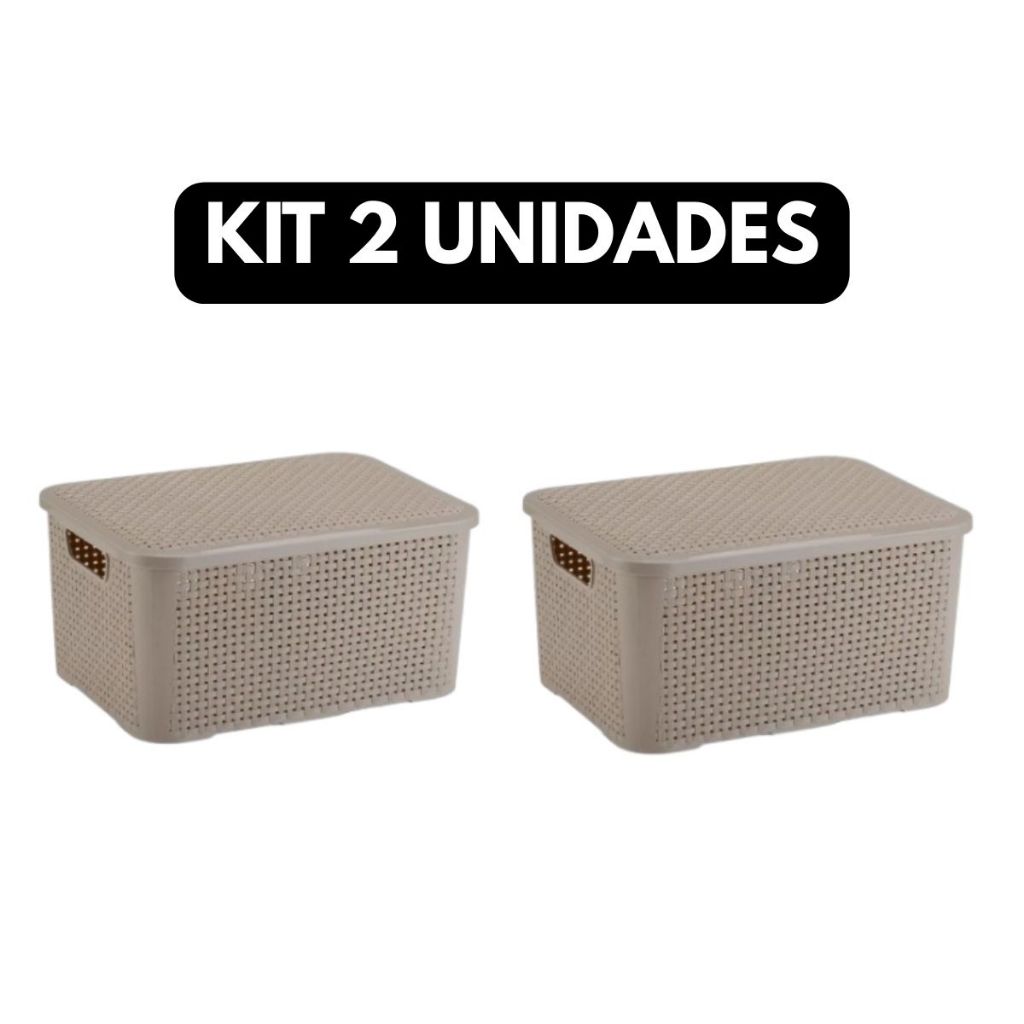 2 Caixas Cesto Organizador com Tampa Empilhavel Rattan Cor Capuccino 18 Litros