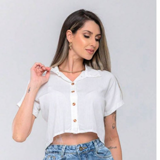 Blusa Femenina Camisa Social  Con Manga Curta LISO  Moda Praia em Oferta na Shopee