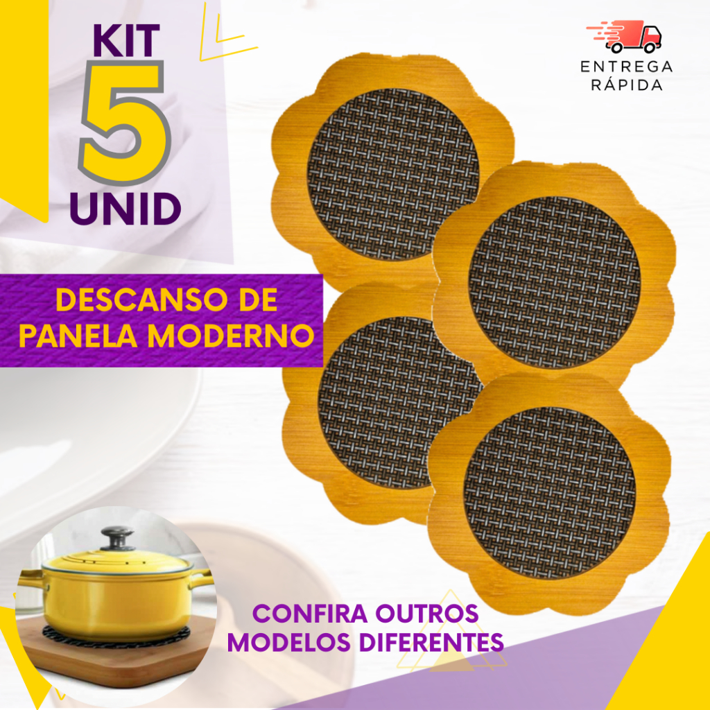 Jogo 5 un - Descanso Térmico De Panela E Mesa Bambu Ecologico Jantar Premium