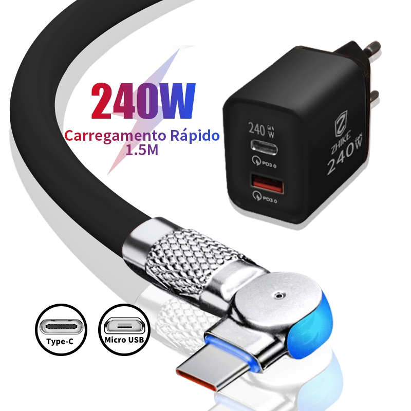 Carregador Cabo 1,5M De Celular USB Para Tipo C V8 Rápido Carregamento E Adaptador De 240W