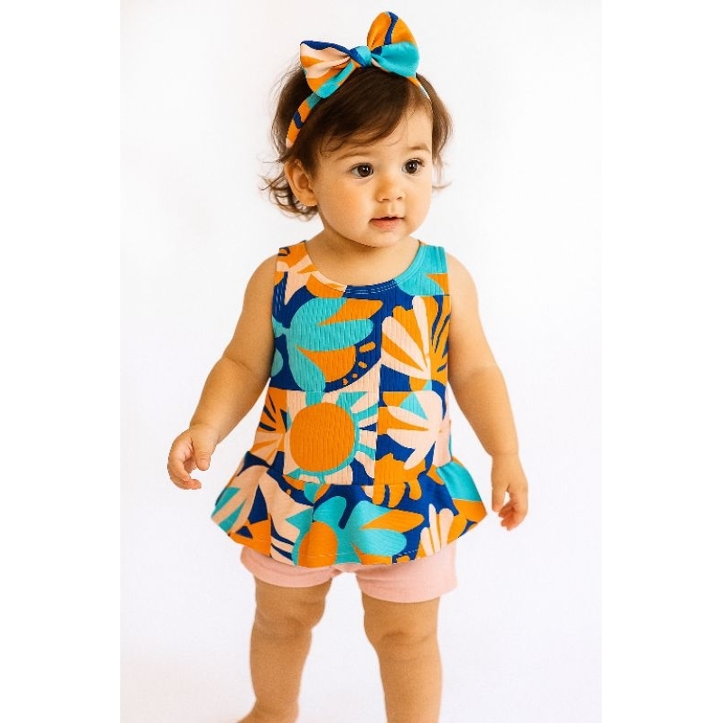 Blusinha Infantil Menina Peplum com Lacinho Conjunto Verão 1 a 2 Anos Roupa Infantil Feminina