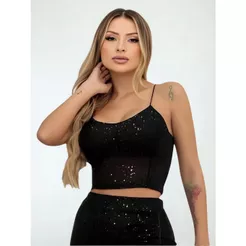 Cropped Top Blusinha Feminina Alcinha Bojo Paete Blusa Moda Brilho