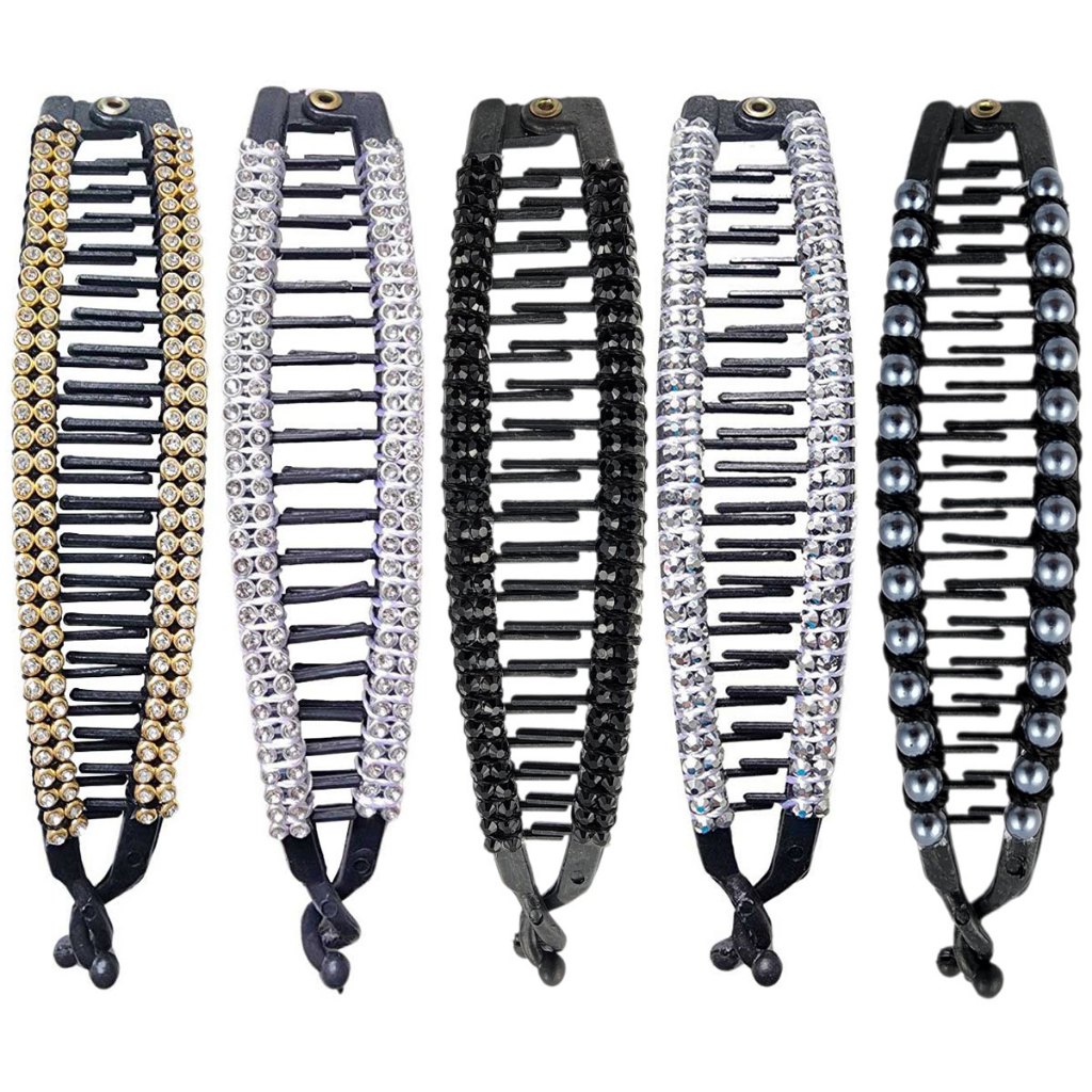 Kit Com 5 Prendedores Presilha De Cabelo Banana Com Pedra