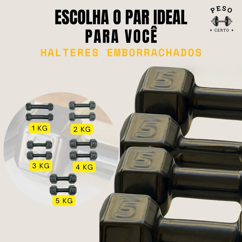 Par Halter Sextavado Emborrachado 1kg ao 5kg - Pesinho Musculação Treino Peso Exercício