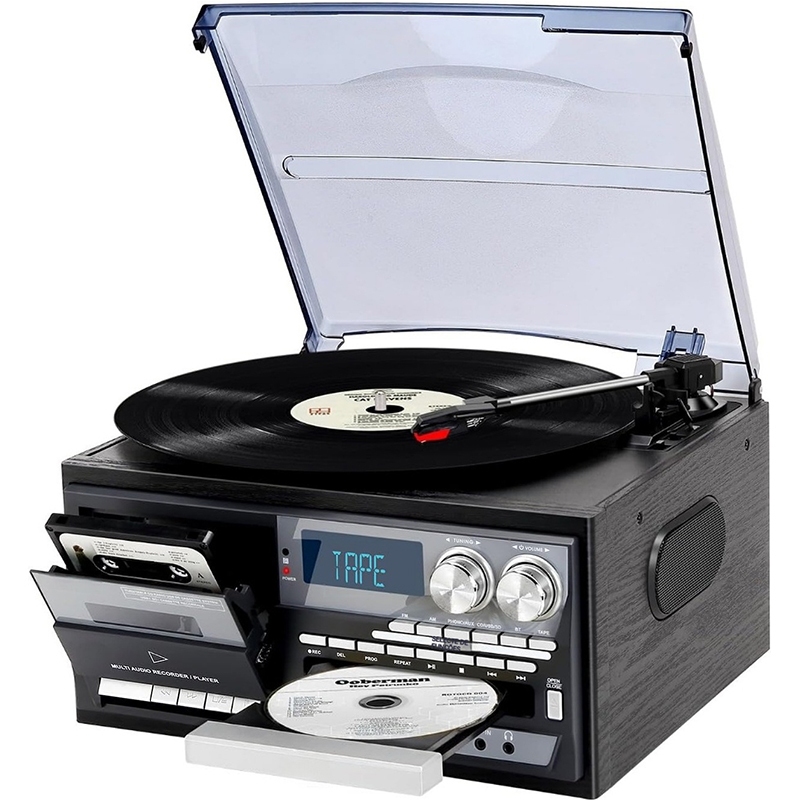 Vitrola toca discos  Com Bluetooth, alto-falantes integrados, rádio AM/FM, reprodução de CD e cassete, compatível com SD