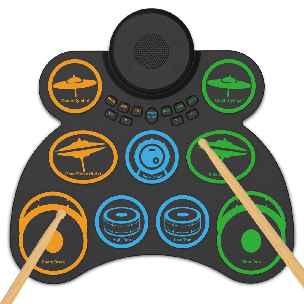 Bateria elétrica portátil com dois alto-falantes e 9 pads para prática MIDI com conexão para jogos, bateria com duração