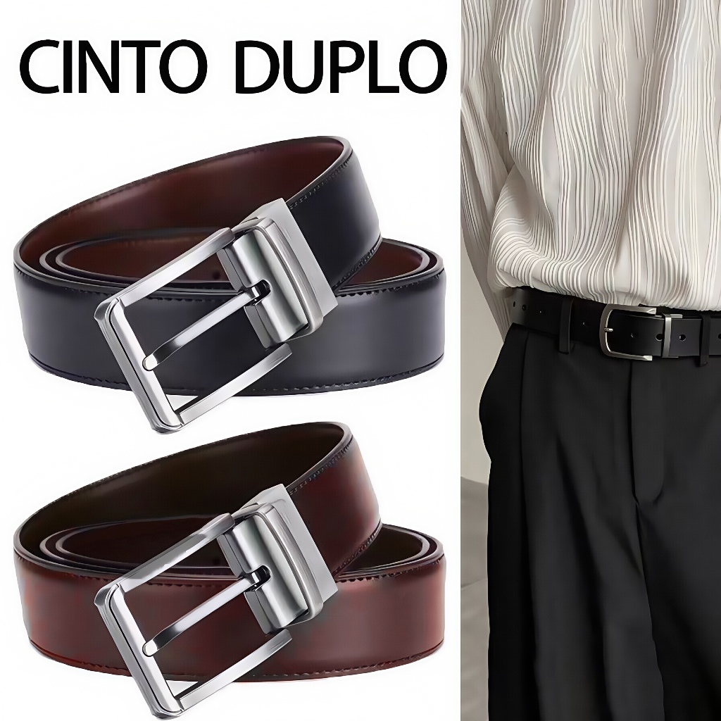Cinto Masculino Dupla Face em Couro Legítimo com Fivela Giratória Reversível Social Casual Confortável