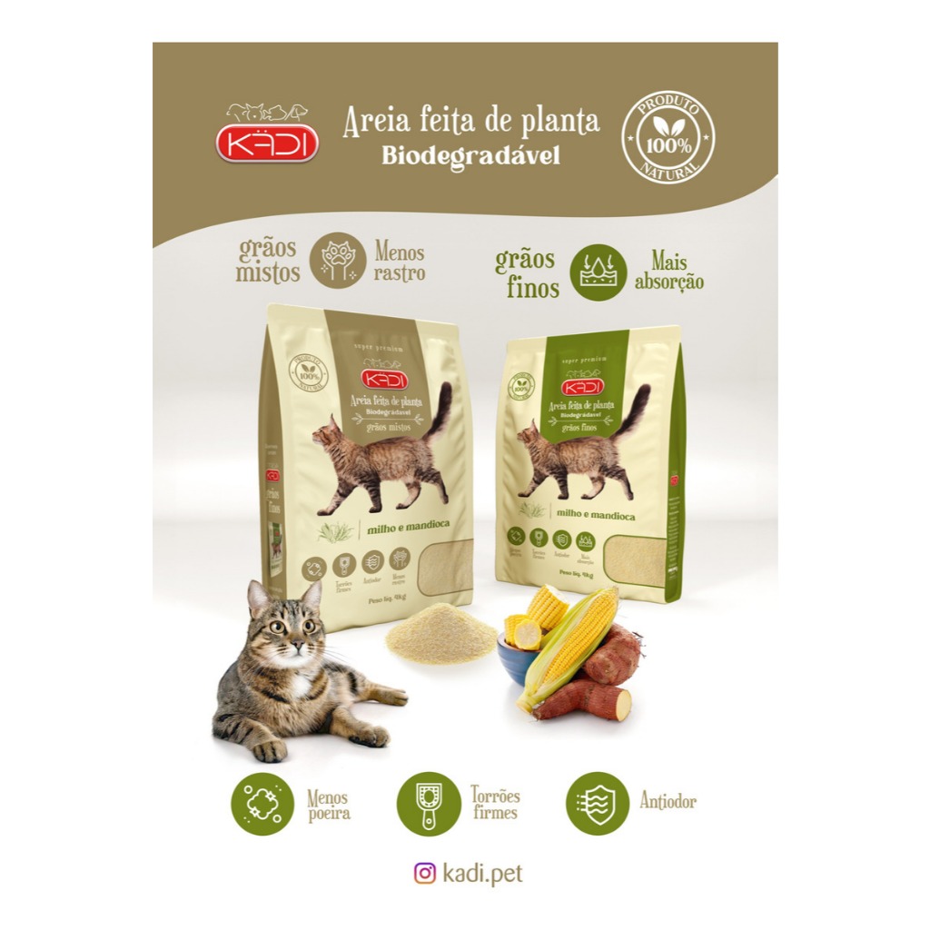 Areia para Gatos Kadi 4kg 100% Milho e Mandioca Biodegradável Grãos Mistos Livre de Poeira Alta Absorção Odor Zero