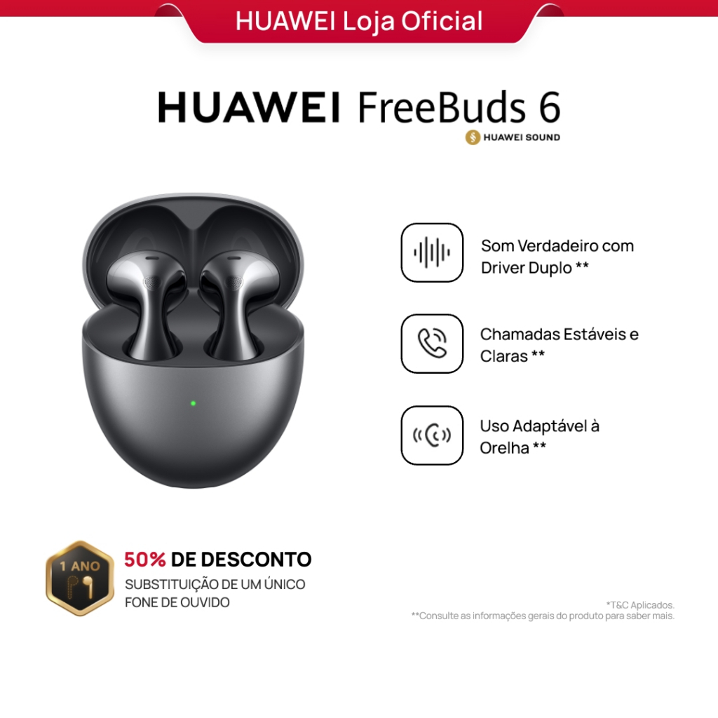 HUAWEI FreeBuds 6 | Fone de Ouvido Bluetooth Sem Fio | Som Duplo Driver Hi-Res e ANC Avançado em Oferta na Shopee