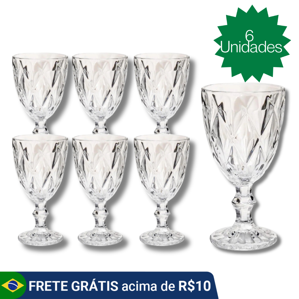 Jogo 6 Taça Diamante Copo Vidro Transparente Bico De Jaca 330ml