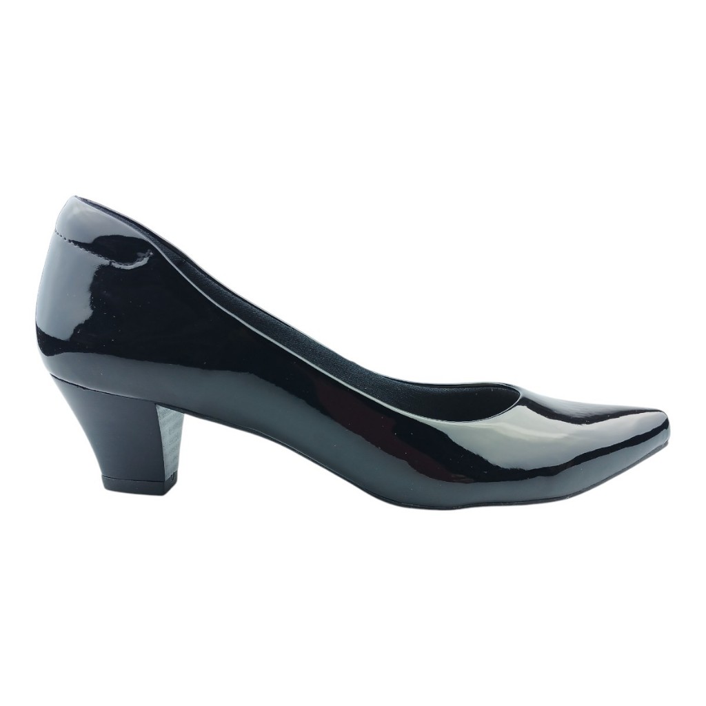 Scarpin Feminino Bico Fino Verniz Preto Confortável Salto Baixo Cone Trabalho Social Neftali