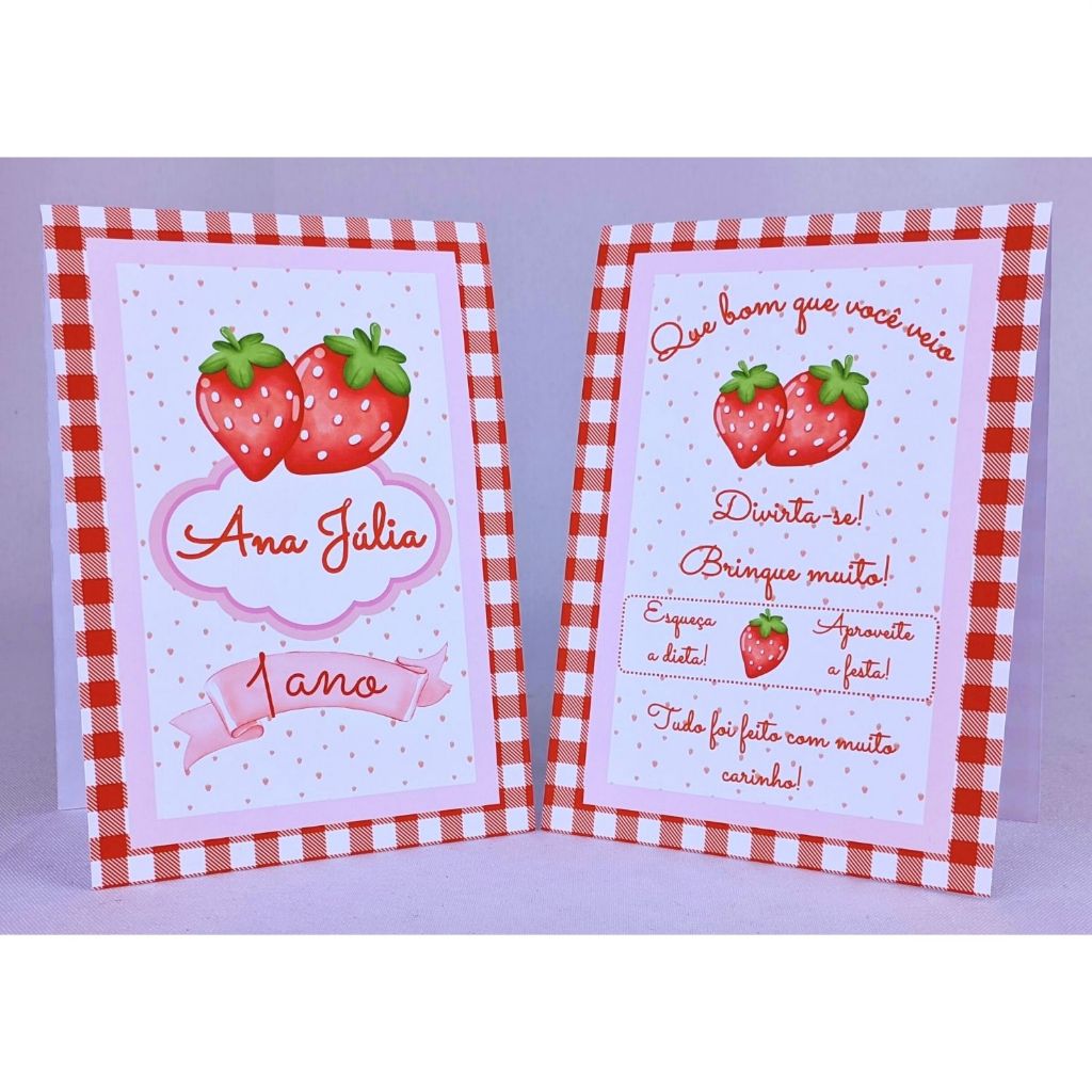 Kit 10 a 50 Plaquinha de Mesa Aniversário Morango Moranguinho Personalizada Com Nome Idade e Frase de Fundo