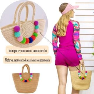 Bolsa Tiracolo Praia com Bolinhas Pompom Feminina Grande Com Zíper Piscina Lazer Passeio