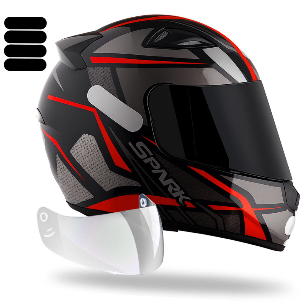Capacete Masculino Feminino Ebf Spider Preto Vermelho Com Viseira Fumê E Adesivo Preto