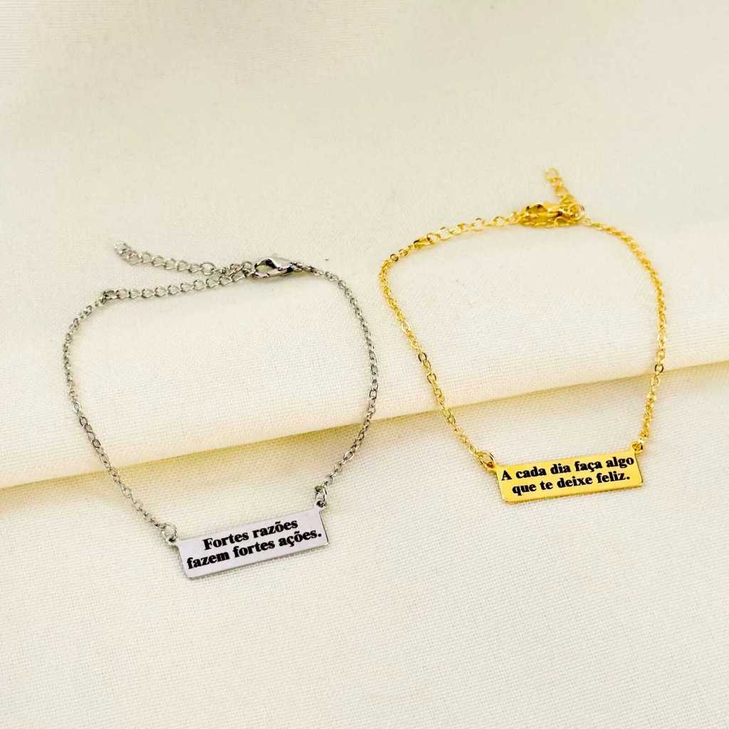 [ SEMI JOIA ] Pulseira Personalizada Personalizado Feminina Placa Gravação Frase Nome Banho Ouro 18k Presente Dia Namora