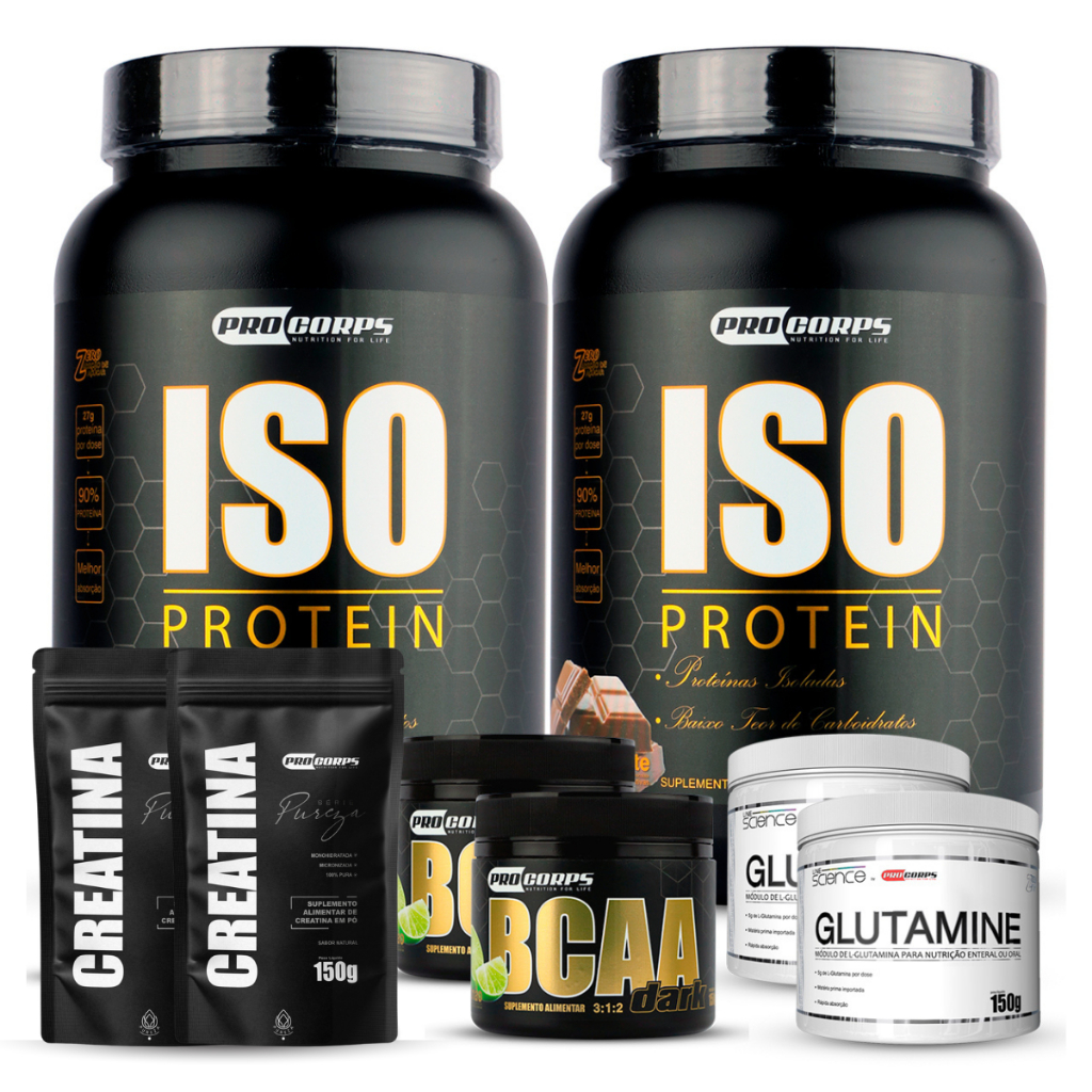 2 Iso + 2 Bcaa + 2 Creatina pura refil 150g + 2 Glutamina Definição Muscular