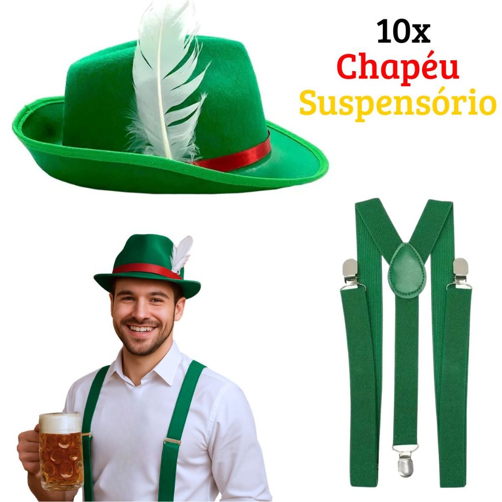 Kit 10x Chapéu Alemão Pluma e Suspensório Verde Traje Acessórios Oktoberfest Festa Alemã Comemoração