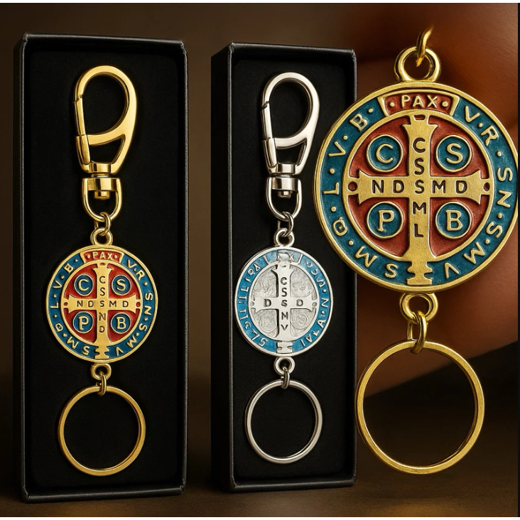 Chaveiro De Metal Medalha São Bento Com Mosquetão Dourado ou Prateado