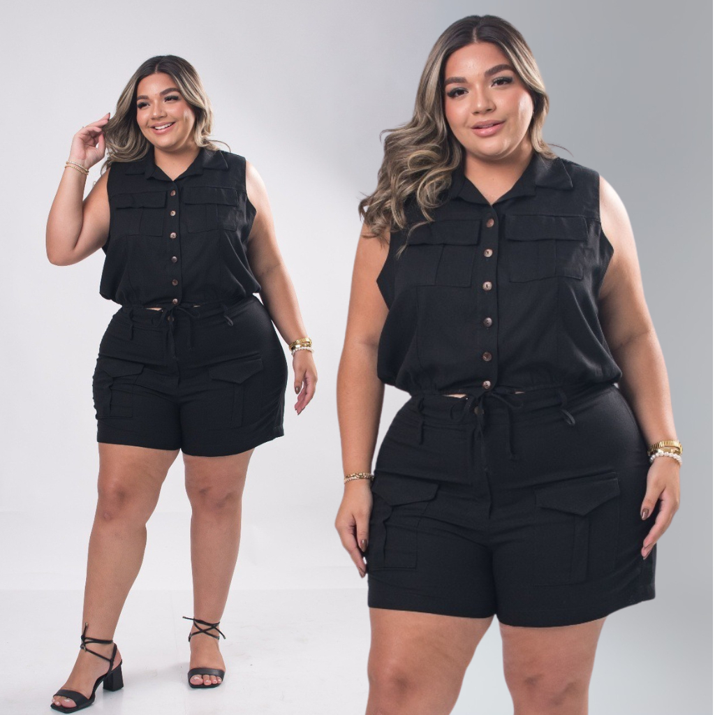 Conjunto Moda Plus Size Feminino Com Botão Blusa Short Veste Bem Confortavel