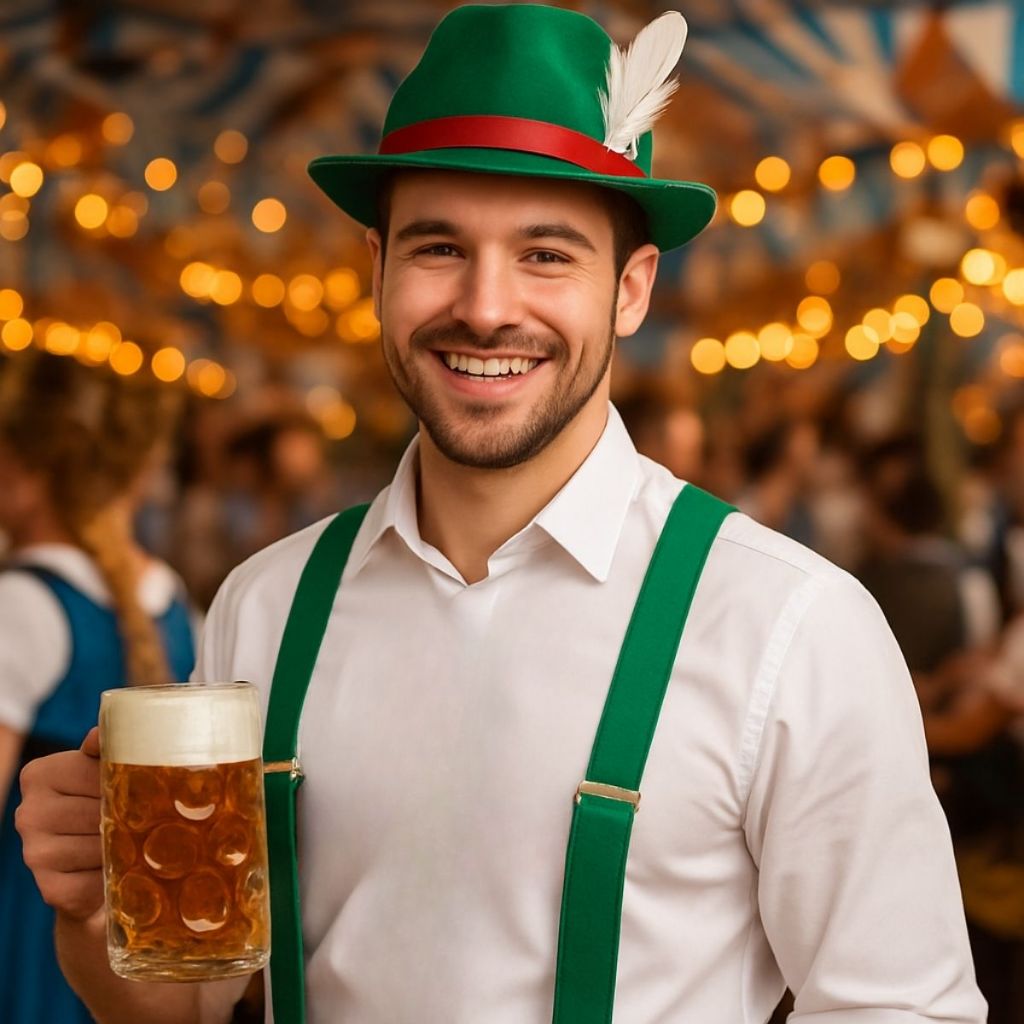 Kit Oktoberfest 10 Acessórios Chapéu Alemão Pluma e Suspensório Verde Traje Festa Alemã Comemoração