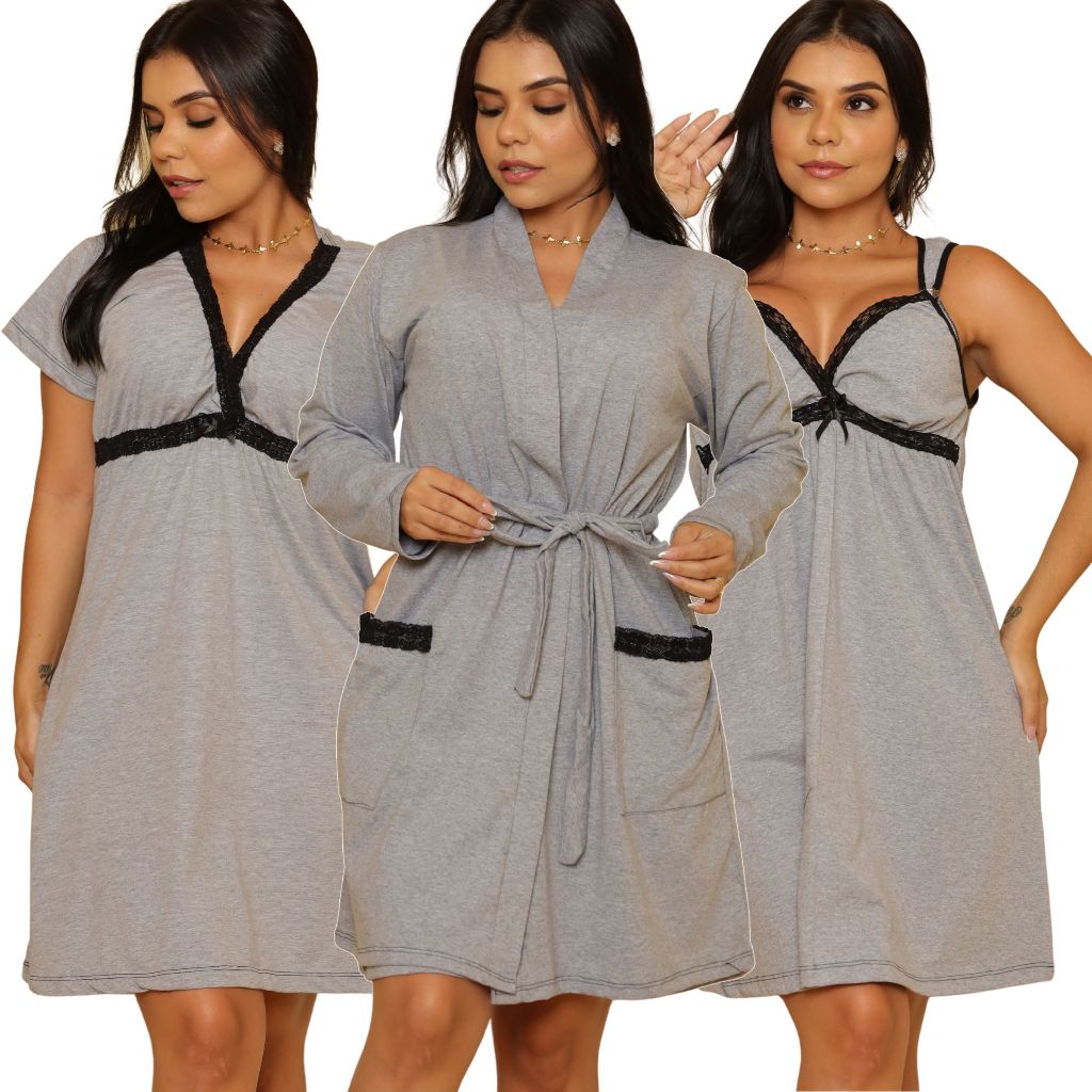Kit 2 Camisola Feminina Maternidade Amamentação + Robe de Algodão