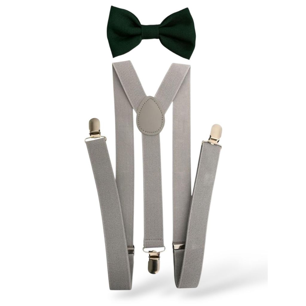 Kit Suspensório Cinza e Gravata Borboleta Verde Musgo Adulto Para Padrinhos de Casamento