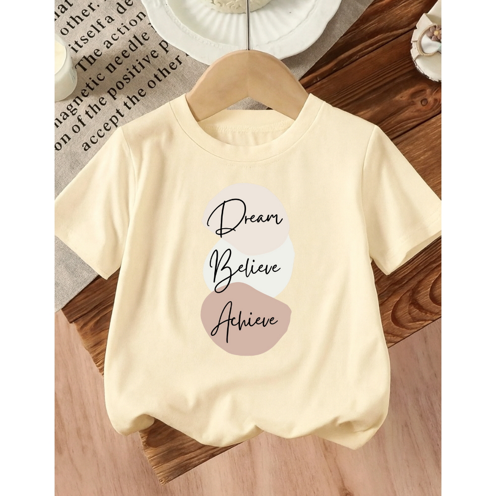 Camiseta Algodão Infantil Feminina Estampada Dream Believe Achieve 329 Presente Dia das Crianças Passeio Festa Dia a Dia