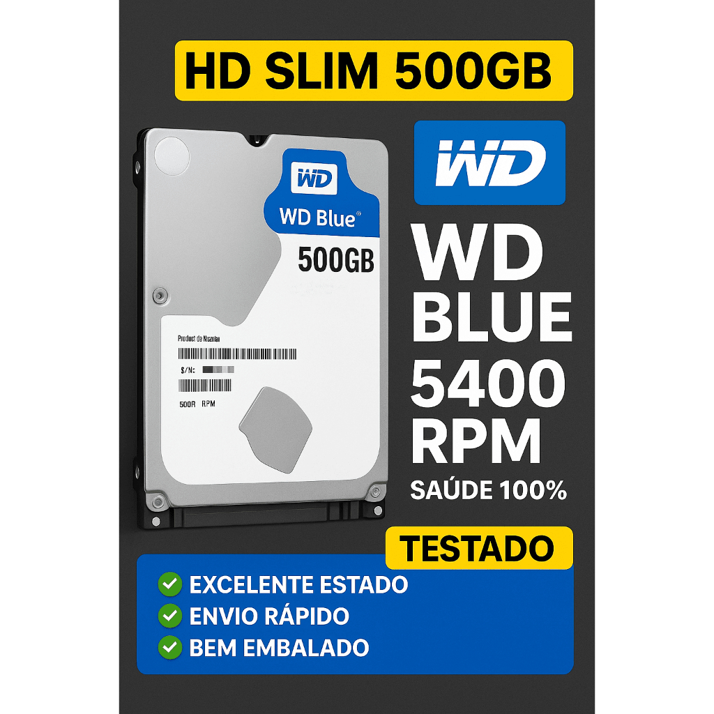 HD Slim 500GB WD Blue – Modelo WD500LPCX – 5400 RPM – SATA 7mm – Saúde 100%