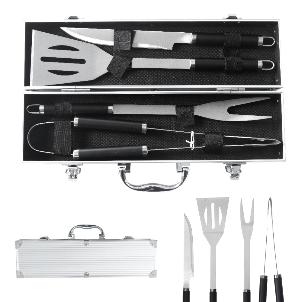 Kit Churrasco 5 Peças Aço Inox Com Maleta de Transporte Aluminio Faca Espatula Garfo e Pegador Grillrelax