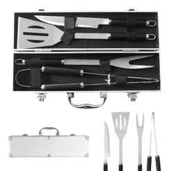 Kit Churrasco 5 Peças Aço Inox Com Maleta de Transporte Aluminio Faca Espatula Garfo e Pegador Grillrelax