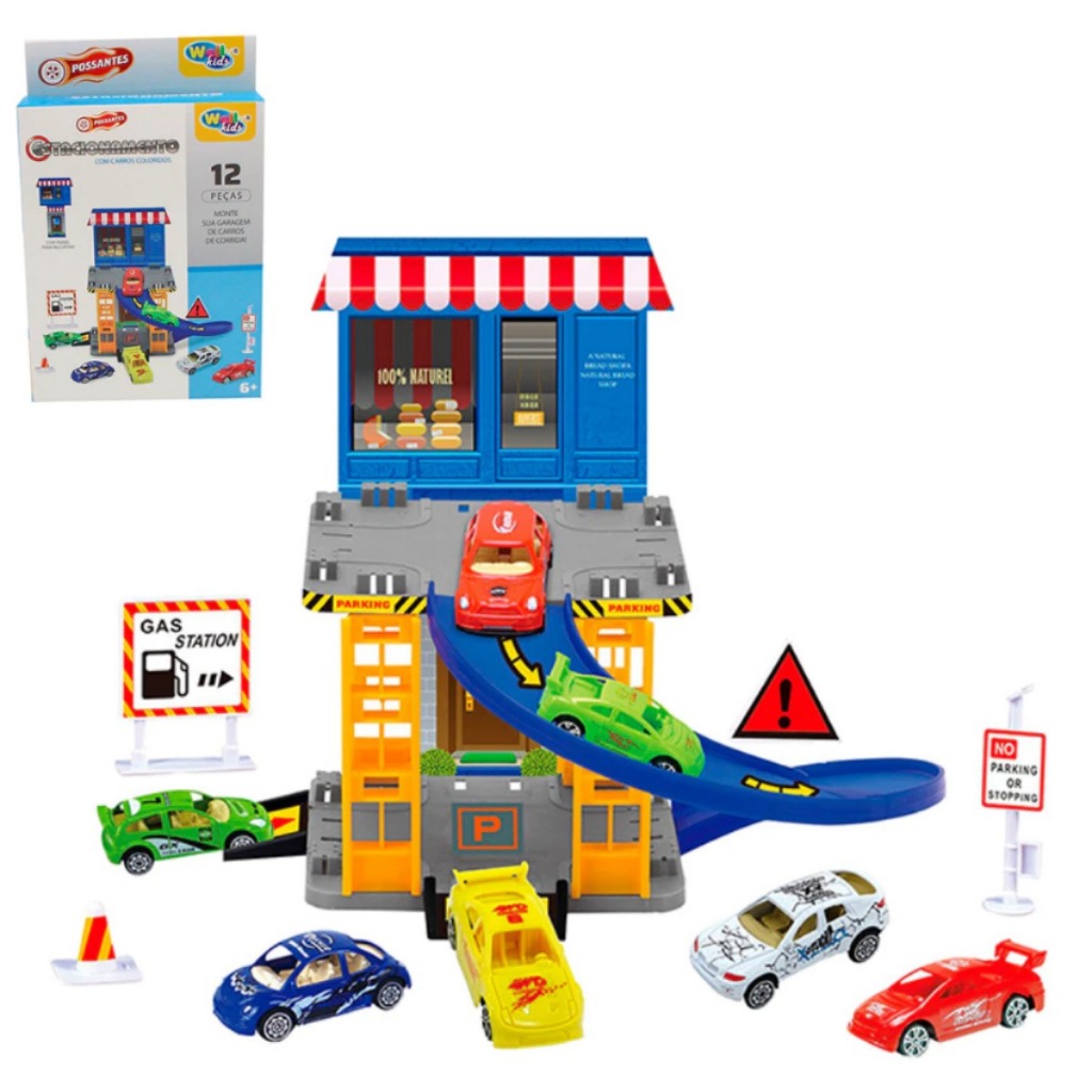 Estacionamento Brinquedo Pista com carrinho rampa MINI garagem de montar com acessorios 12 PEÇAS