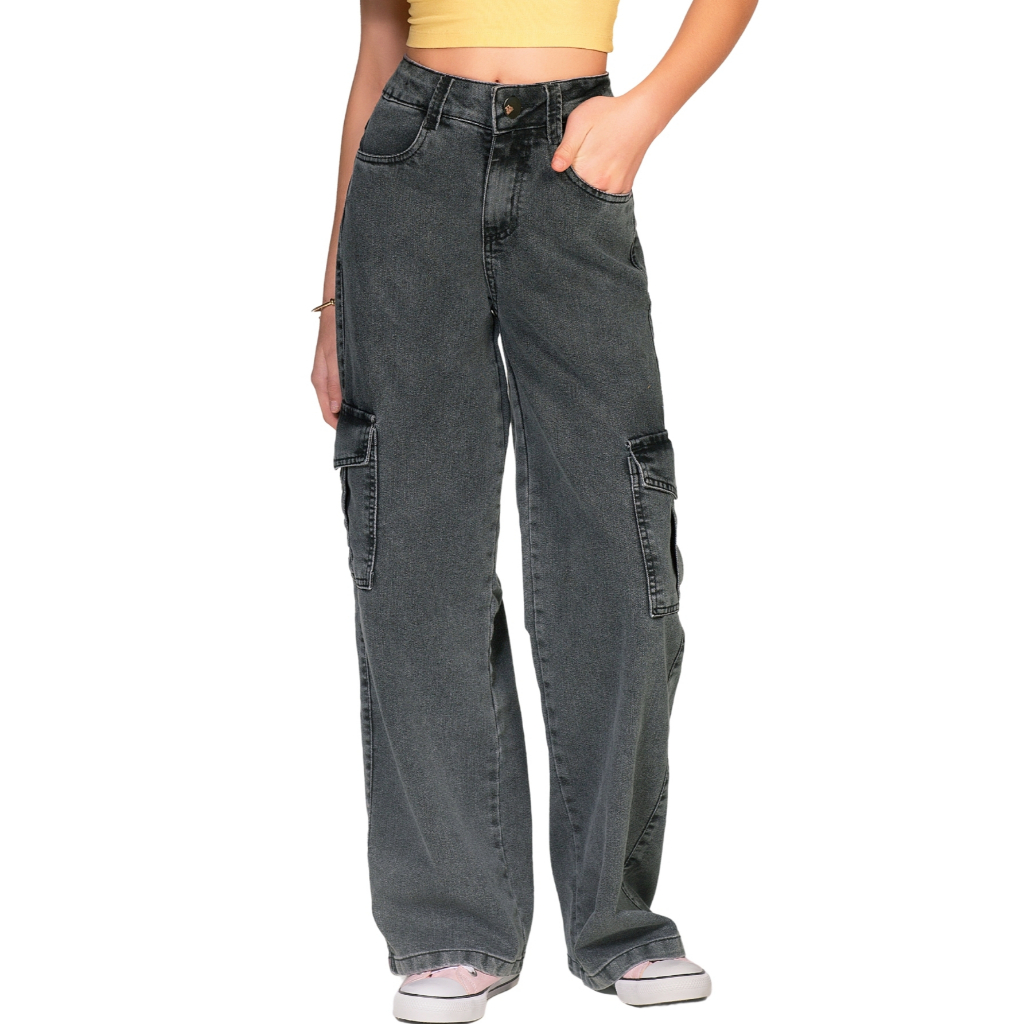 Calça Jeans Feminina Wide Leg Marmorizada Cintura Alta Sem Lycra