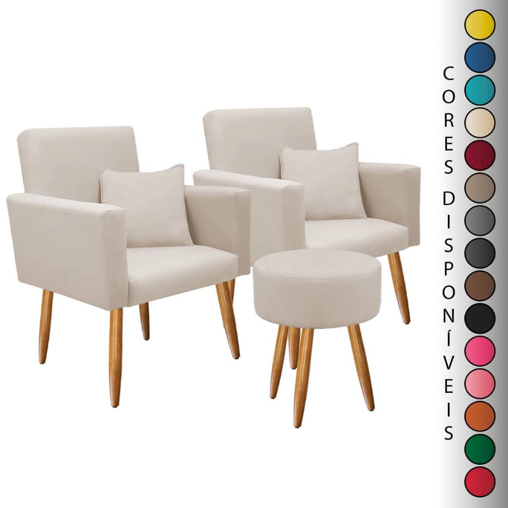 Conjunto 02 Poltronas para Sala Decorativa Nina com Almofada e Puff Redondo Pés Palito Sue...