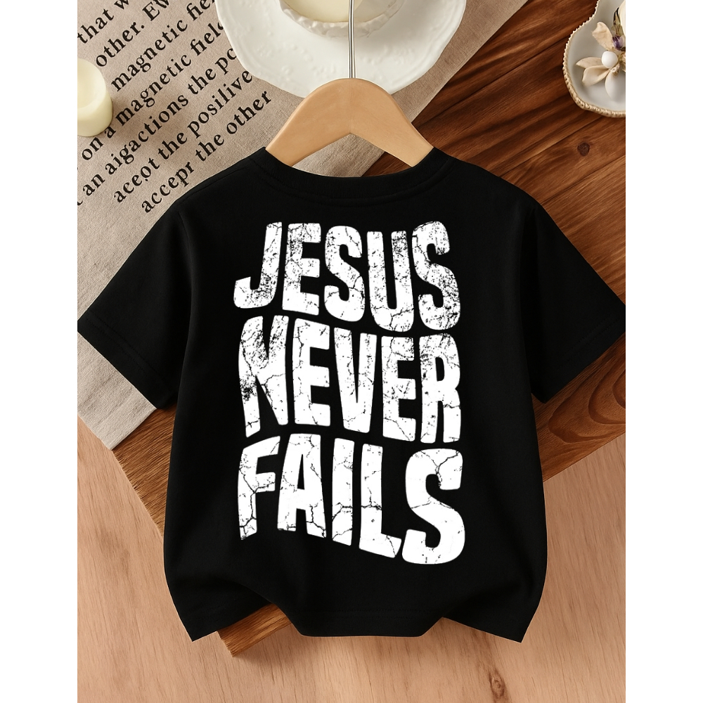 Camiseta Algodão Infantil Feminina Estampada Jesus Never Fails 330 Lazer Passeio Igreja Presente Dia a Dia Despojado
