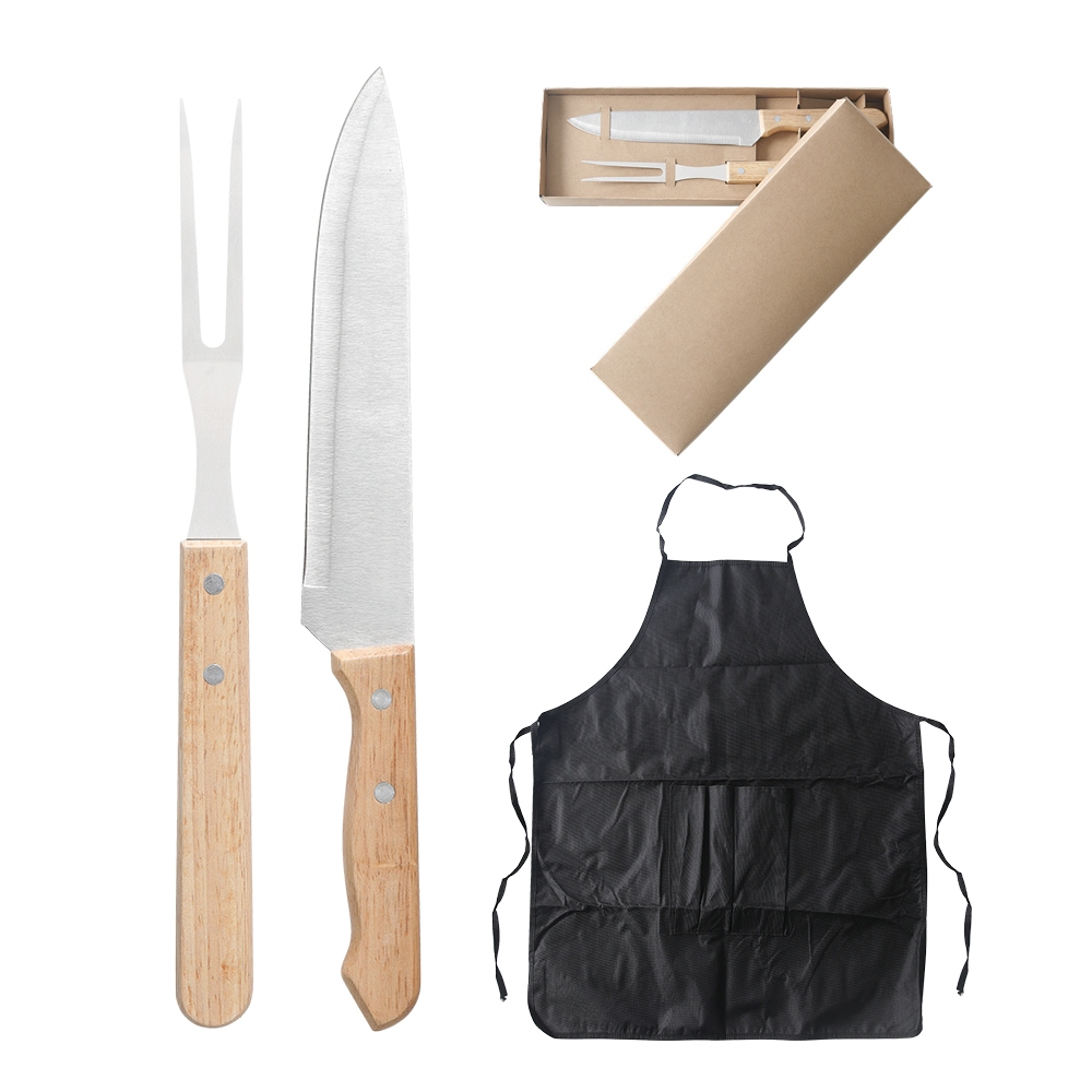 Kit Churrasco 3 Peças Aço Inox Com Avental Faca e Garfo Grillrelax em Oferta na Shopee